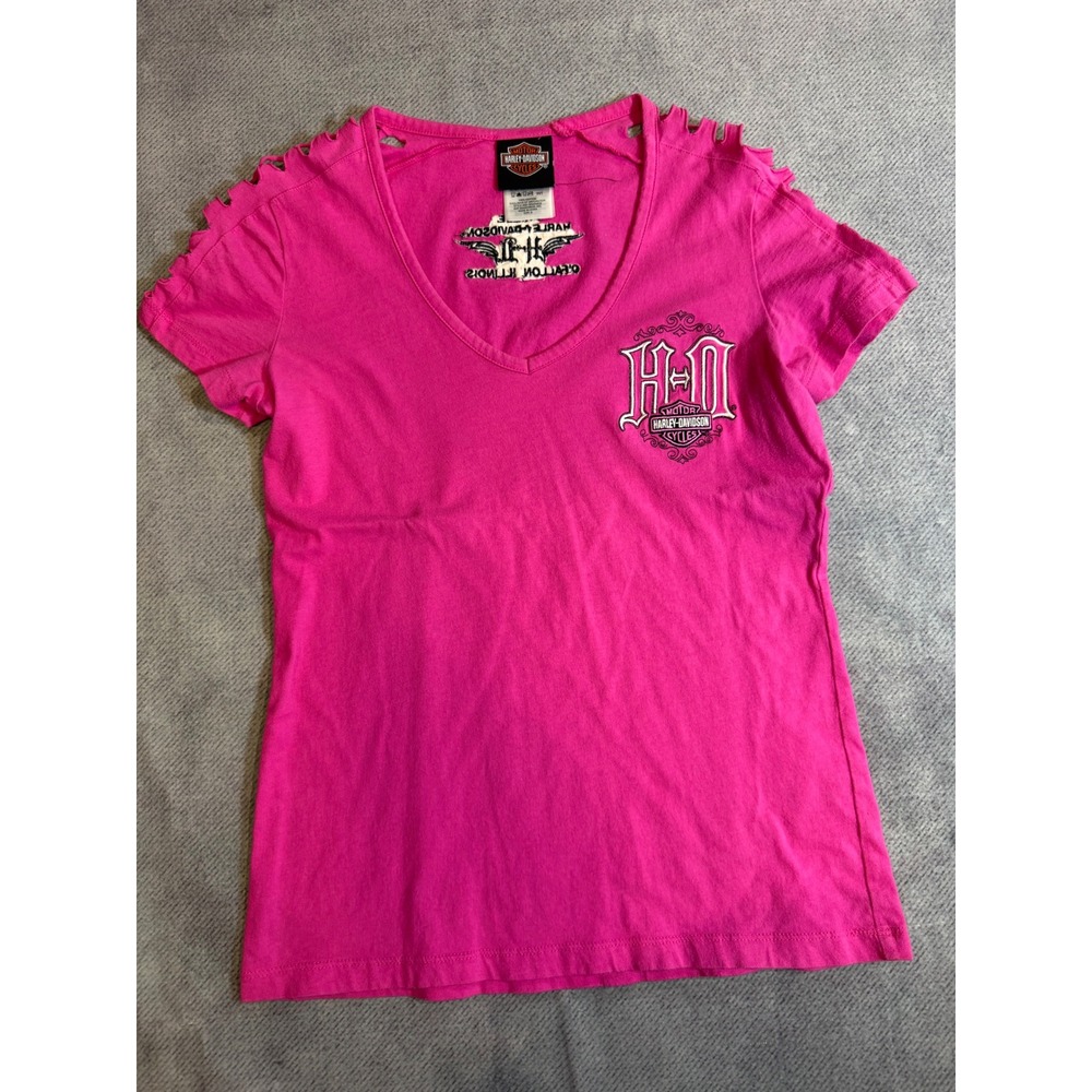 Harley Davidson Pink Shredded Shoulder V-Neck Graphic T-Shirt Womens Small